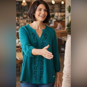 Adrienne Vittadini Teal Embroidered Blouse XL Boho Long Sleeve